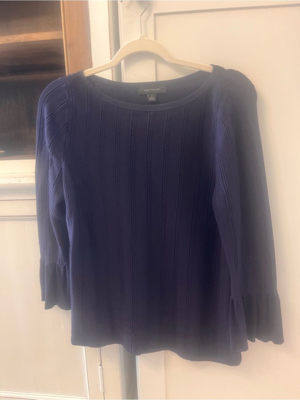 Ann Taylor Deep Navy Ribbed Knit Top with Flared Cuffs